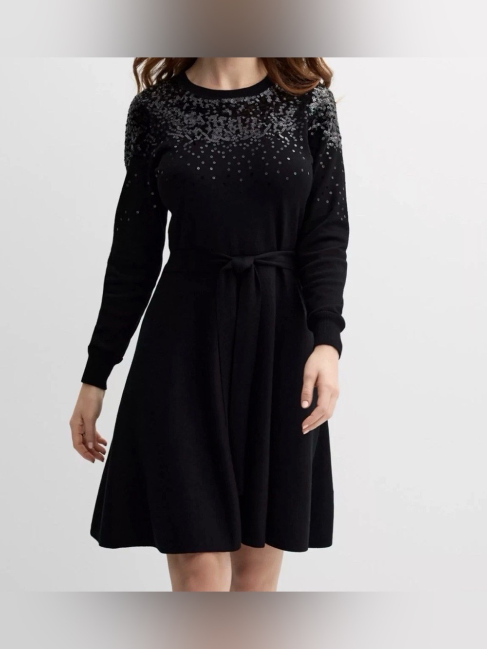 Draper James Black Sweater Dress Sequin Top Long Sleeve Fit & Flare Size M